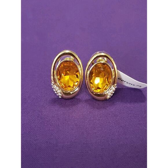 Butterscotch Yellow Rhinestone Crystal Earrings Classy Glam Gold Tone Pierced - Picture 1 of 8